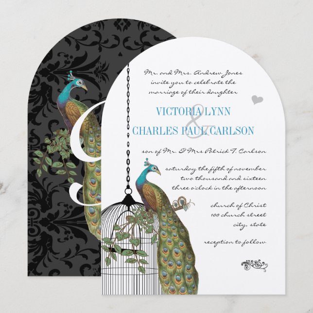 Convites de Casamento com Gaiola de Pássaros Vinta (Frente/Verso)