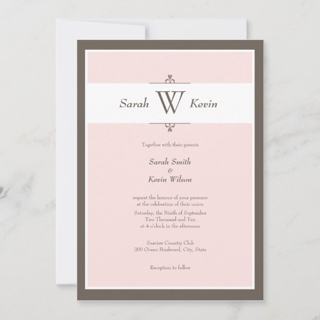 Convites de Casamento com Monograma Rosa e Taupe (Frente)