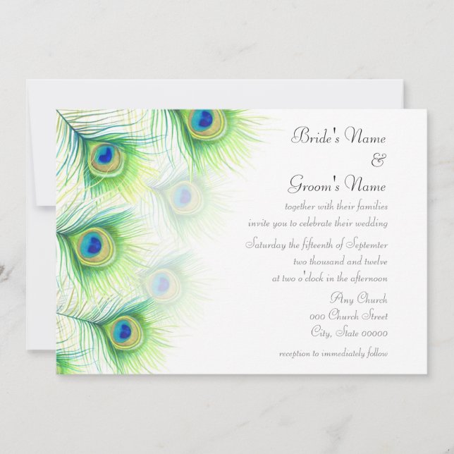 Convites de Casamento com Penas de Pavão Pintadas  (Frente)