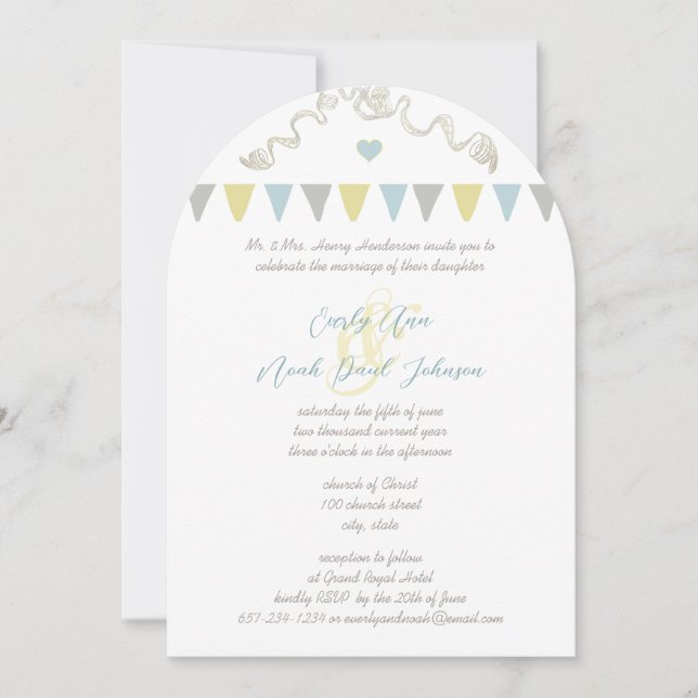 Convites de Casamento com Pennant de Bunting Azul  (Frente)