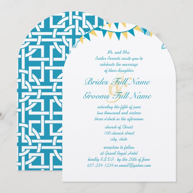 Convites de Casamento com Pennant de Bunting Azul  (Frente/Verso)