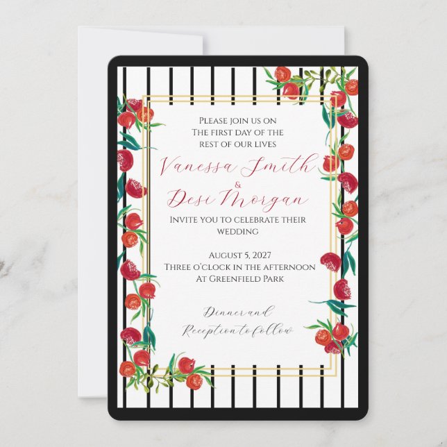Convites de Casamento com Romã Pintada à Mão (Frente)