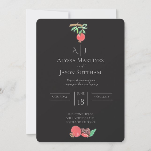 Convites de Casamento com Romã Pintada à Mão (Frente)