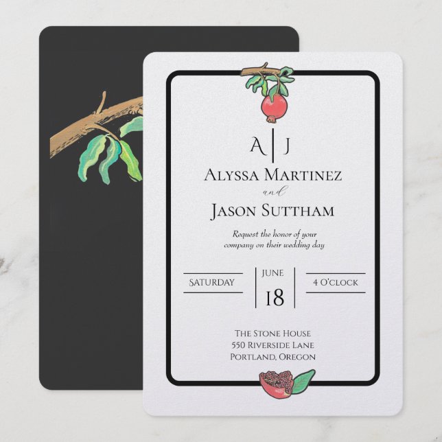 Convites de Casamento com Romã Pintada à Mão (Frente/Verso)