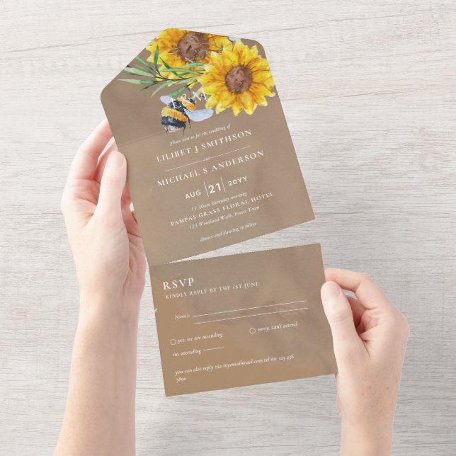 Convites de Casamento com RSVP Girassóis Rústicos  (Tearaway)
