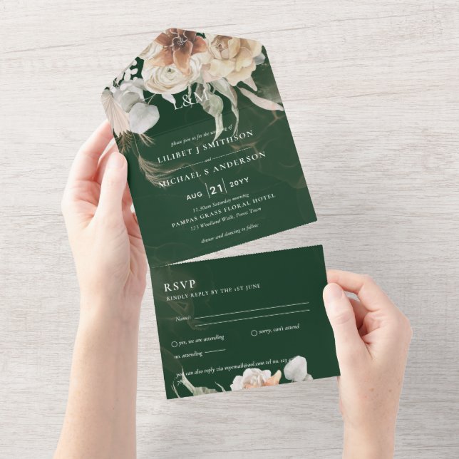 Convites de casamento com RSVP | Grama BOHO Pampas (Tearaway)