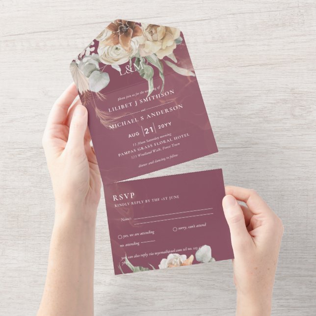Convites de casamento com RSVP | Grama BOHO Pampas (Tearaway)