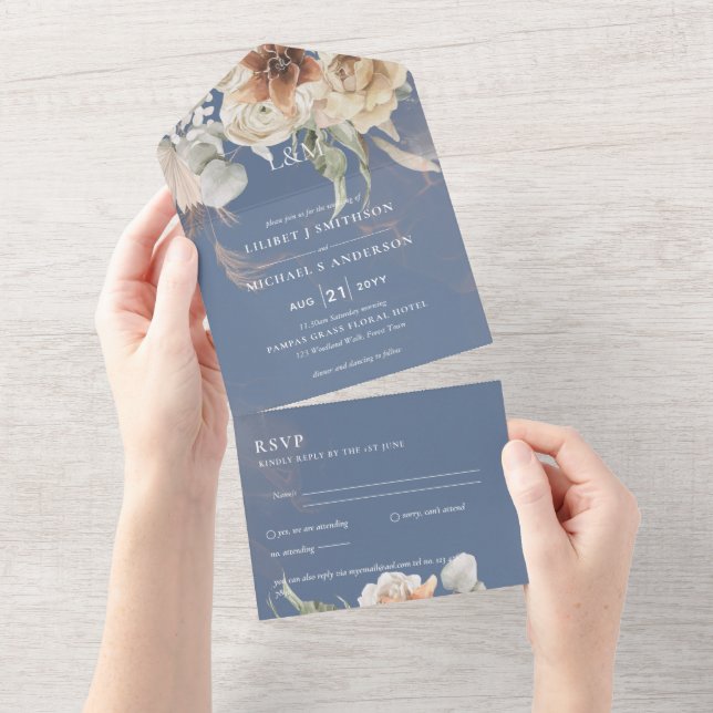 Convites de casamento com RSVP | Grama BOHO Pampas (Tearaway)