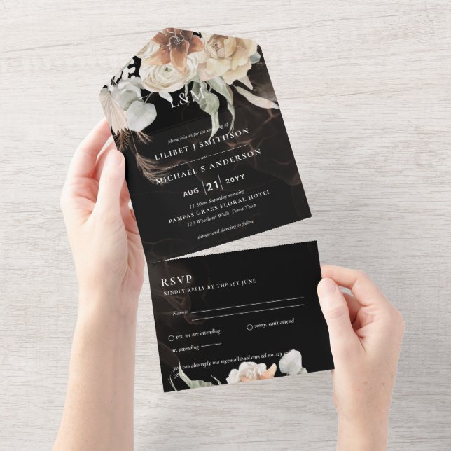 Convites de casamento com RSVP | Grama BOHO Pampas (Aba destacável)