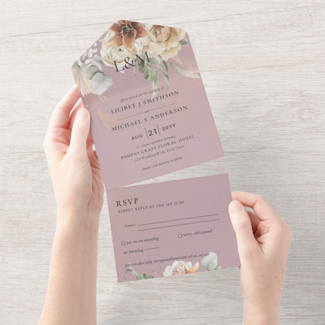 Convites de casamento com RSVP | Grama BOHO Pampas (Tearaway)