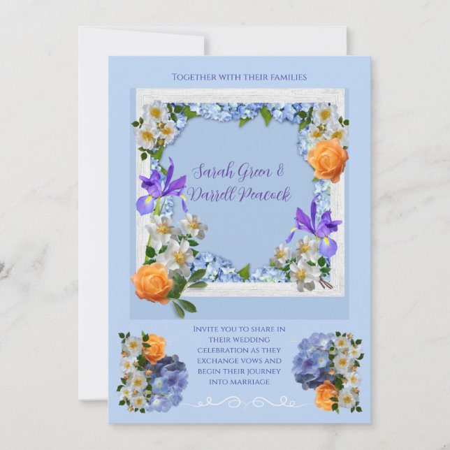 Convites de casamento com tema floral azul (Frente)