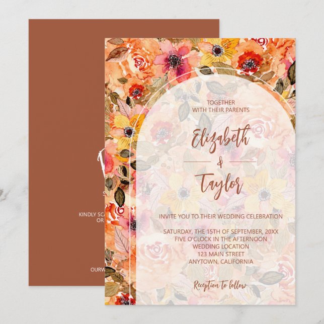 Convites de Casamento Composição Floral de Outono  (Frente/Verso)