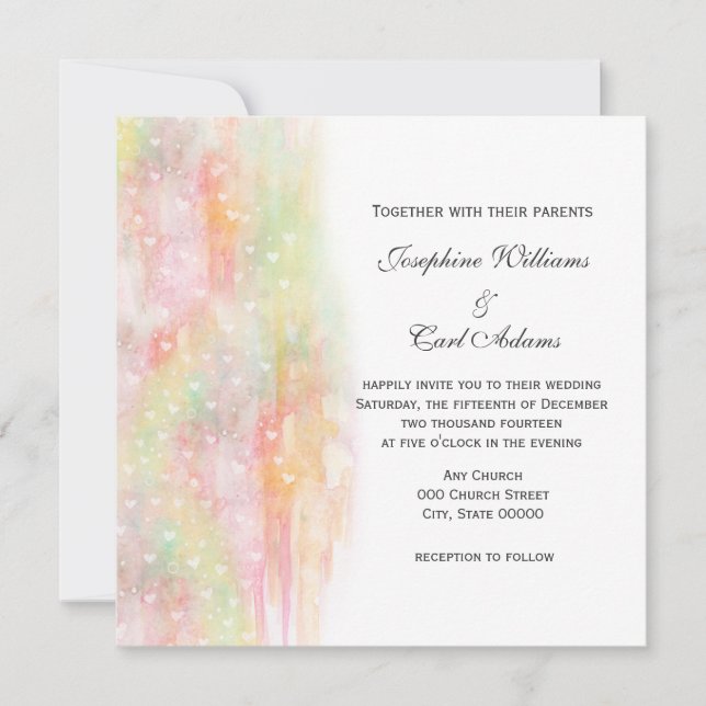 Convites de Casamento Corações em Aquarela Pastel (Frente)