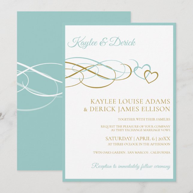 Convites de Casamento Corações | Turquesa Claro &  (Frente/Verso)