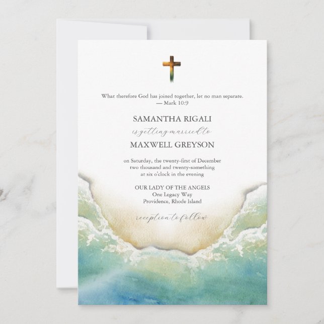 Convites de Casamento Cristãos à Beira-Mar em Aqua (Frente)