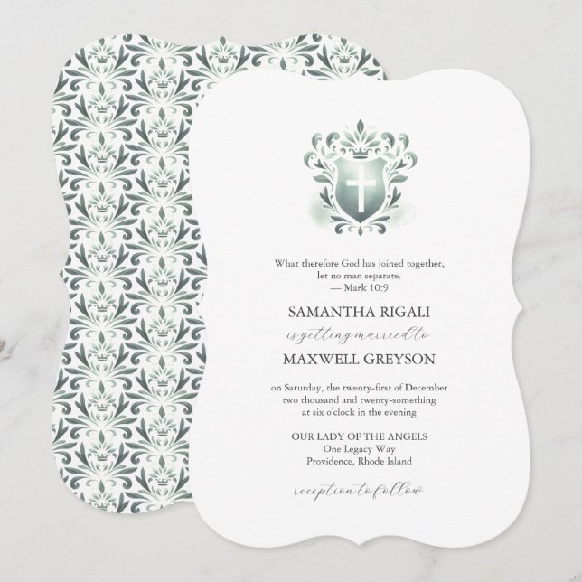 Convites de Casamento Cristãos com Crista em Verde (Frente/Verso)