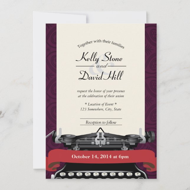 Convites de Casamento Damask Máquina de Escrever A (Frente)