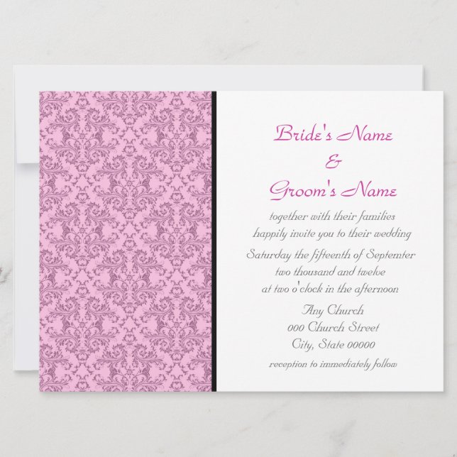 Convites de Casamento Damask Preto Branco Rosa (Frente)