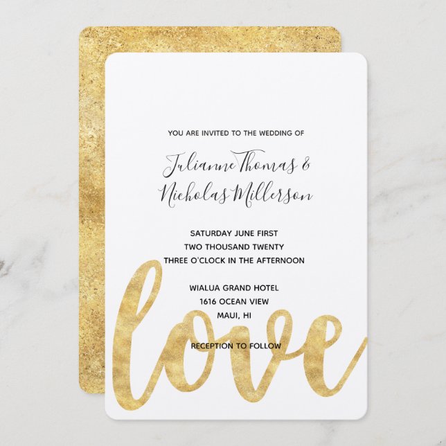 Convites de casamento de Amor Branco Dourado Chic (Frente/Verso)