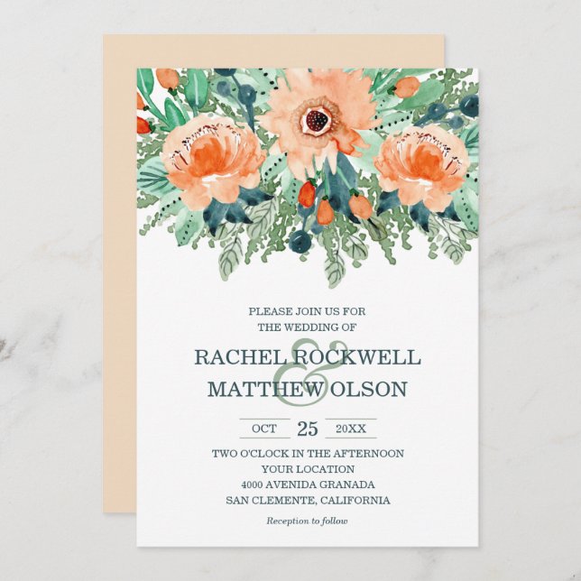 Convites de casamento De Aquarelas Florais De Peac (Frente/Verso)