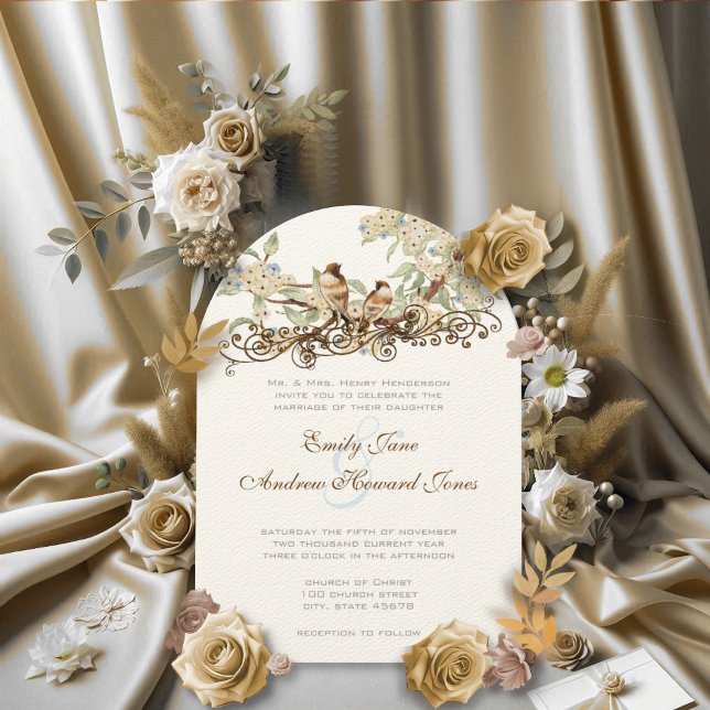 Convites de casamento de aves de azuis e marfinita (Criador carregado)