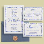 Convites De Casamento De Brincadeira Feita Por Mão<br><div class="desc">A mão desenhou convites para casamentos azuis franceses para o seu dia especial!</div>