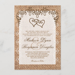 Convites De Casamento De Burlap Rustic De Coraçõ