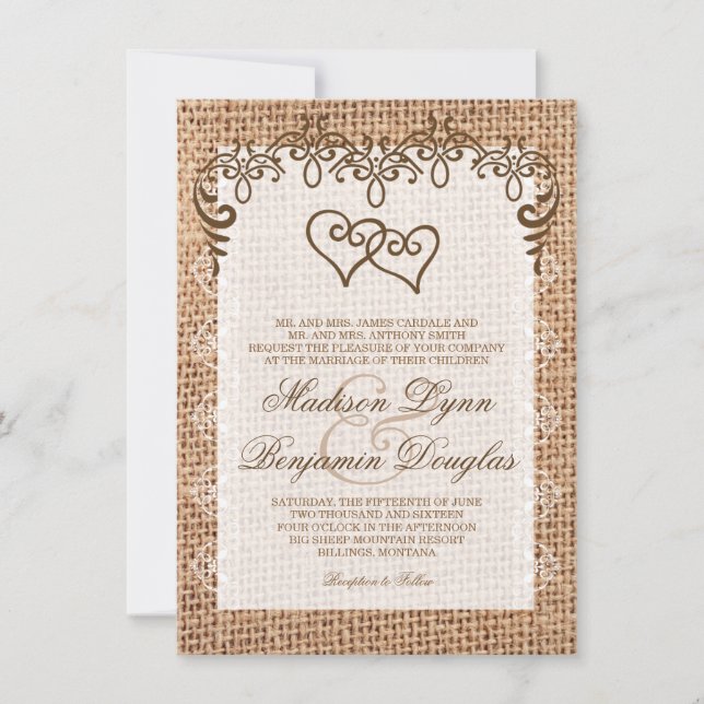Convites De Casamento De Burlap Rustic De Corações (Frente)