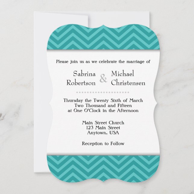 Convites De Casamento De Chevron Azul Teal Aqua (Frente)