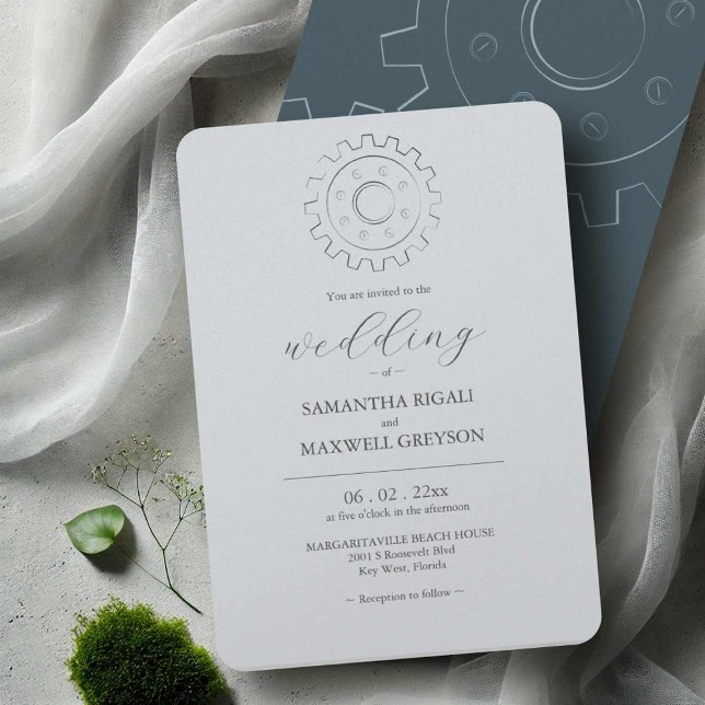 Convites De Casamento De Cinzas Tóxicas Industriai (Industrial chic wedding invitations gear line art in grey by Victoria Grigaliunas Do Tell A Belle)