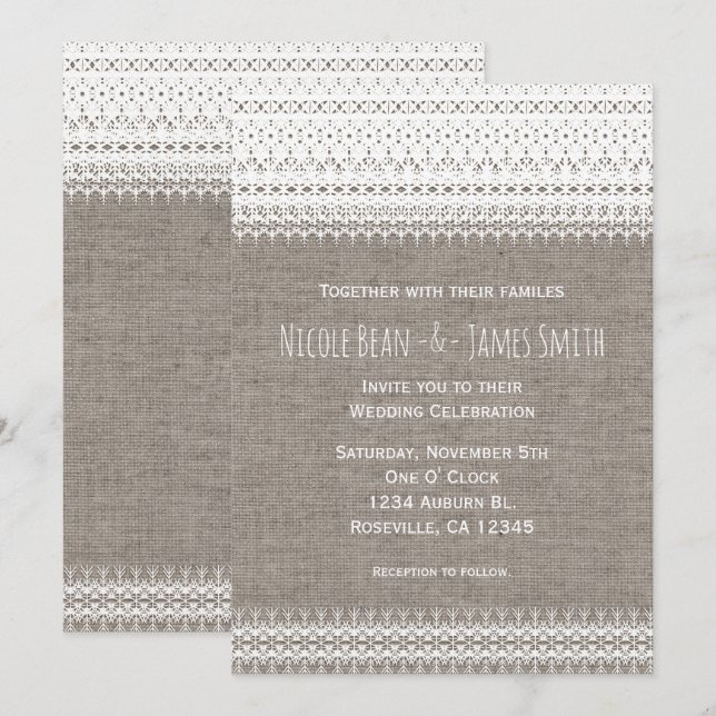 Convites de Casamento de Estopa Rústica e Renda El (Frente/Verso)