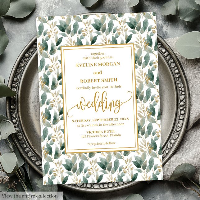 Convites de casamento de eucalipto de ouro verde-E (Romantic Dark Green Gold Foliage Wedding Invitation)