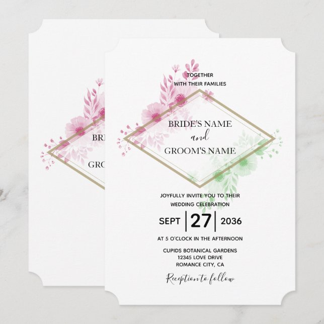 Convites de Casamento de Flores em Aquarela Elegan (Frente/Verso)