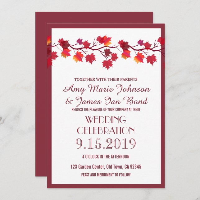 Convites de Casamento de Folha de outono de Borgon (Frente/Verso)