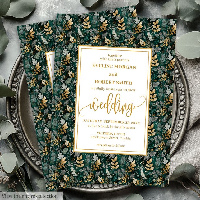 Convites de casamento de Folhagem Dourada Clássica (Classic Forest Green Gold Foliage Wedding Invitation)