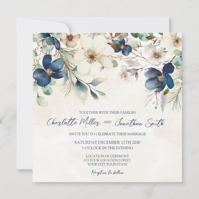 Convites de Casamento de Inverno Florais Azuis Ele (Frente)