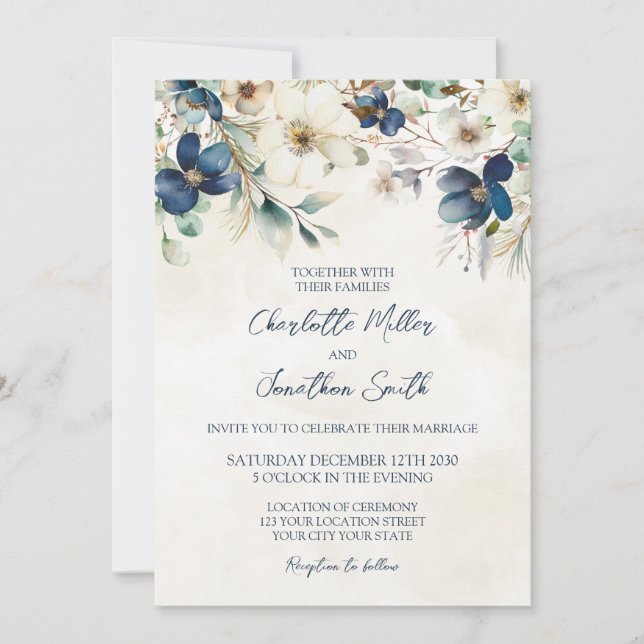 Convites de Casamento de Inverno Florais Azuis Ele (Frente)