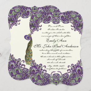 Convites de Casamento de Marfim com Pavão Roxo e V