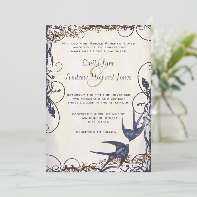 convites de casamento de Marinho de aves de amores (Em pé/Frente)