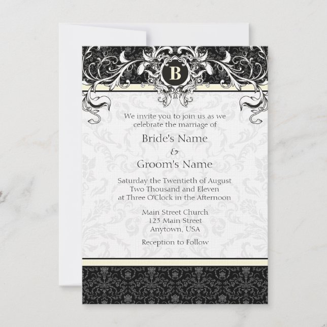 Convites de casamento de monograma de Cream e Dama (Frente)