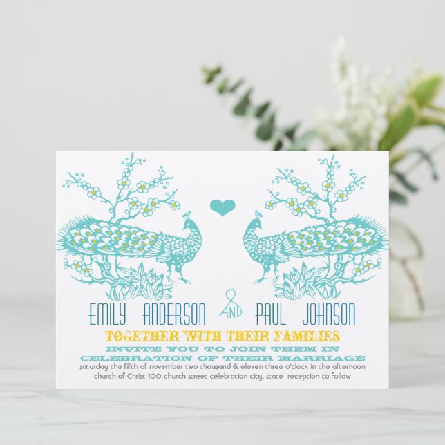 Convites de Casamento de Pavão Aqua e Mostarda Ama (Em pé/Frente)