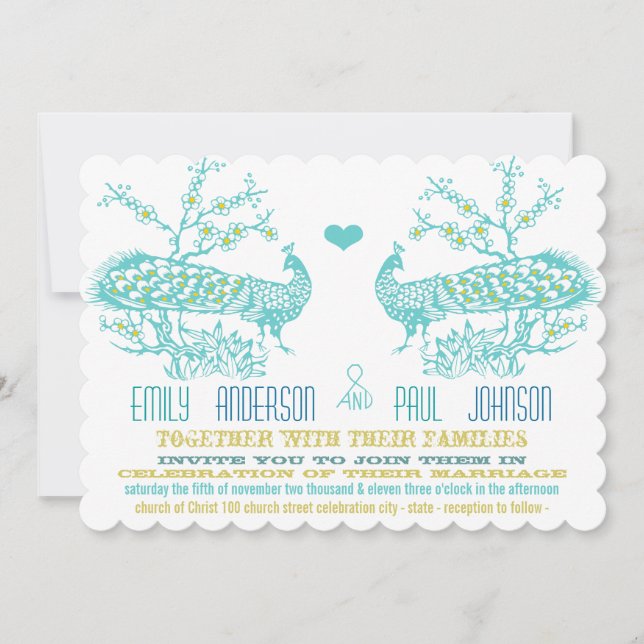 Convites de Casamento de Pavão Aqua e Mostarda Ama (Frente)