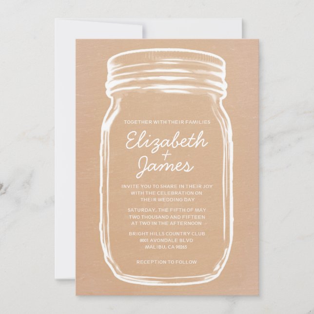 Convites De Casamento De Peach Vintage Mason Jar (Frente)