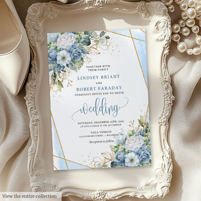 Convites de casamento de peões brancos, azuis e em (Elegant dusty blue white peonies wedding invitation

)