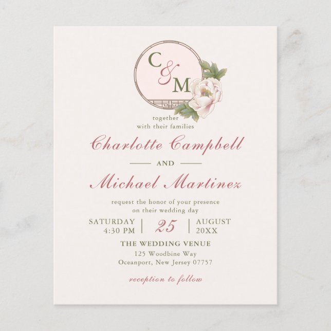 Convites de casamento de Pequim Rosa, Blush, Monog (Frente)
