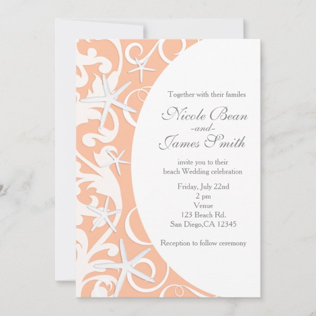 Convites de Casamento de Praia com Coral Estrela d (Frente)