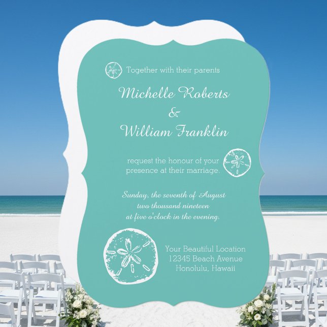 convites de casamento de praia com dólar de areia  (turquoise blue beach wedding invitations with sand dollar design)
