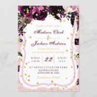Convites De Casamento Dourado E Floral Púrpura Esc