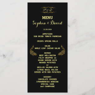 Convites de Casamento Dourado Menu Preto Pavão
