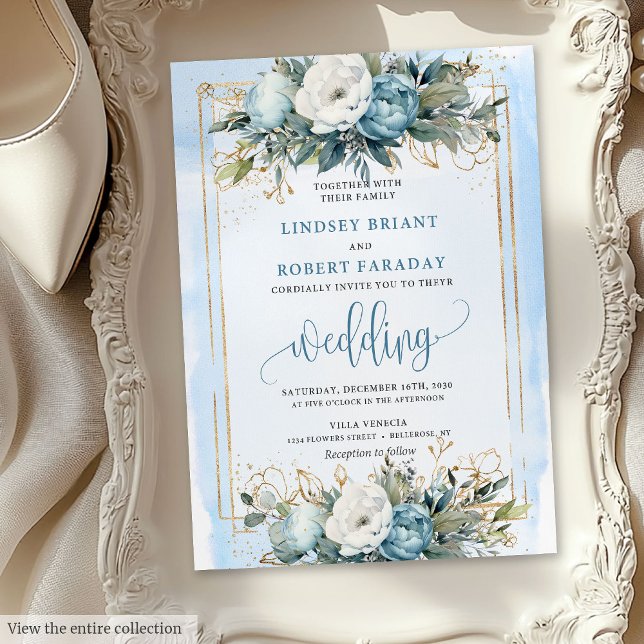 Convites de casamento Dourados de Flores Azuis Boh (Boho Dusty Blue White Gold Flowers Wedding Invitation)